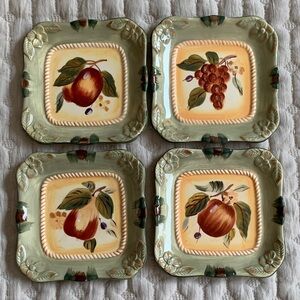 Hand-Painted Fruit Ceramic Appetizer Plates - Green and Cream - Set of 4